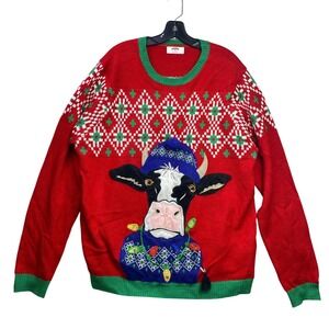 Holiday Time Sweater Mens Extra Large Ugly Christmas Cow Graphic Fair Isle